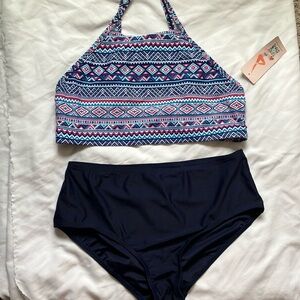 Attract Co Sports: Patterned Bikini Set- high waist bikini bottom- Halter top- M